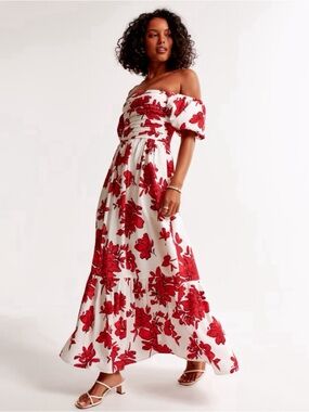 Abercrombie & Fitch Off-Shoulder Red Floral Maxi Dress - White/Red